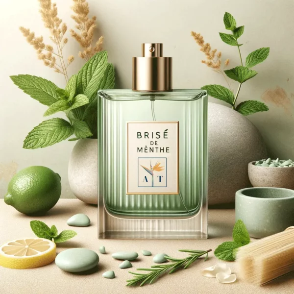 Parfum 'Brise de Menthe', vaporisateur élégant avec arômes de menthe verte et thé vert, pour une sensation de fraîcheur vivifiante.