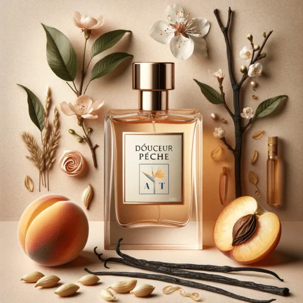 Parfum 'Douceur Pêche', douce fragrance fruitée avec notes de pêche et fleur d'oranger, flacon délicat pour une aura suave et féminine.