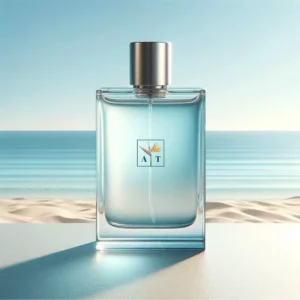 Parfum 'Éclat d'Azur', essence de fraîcheur avec notes d'agrumes et de musc blanc, dans un flacon sophistiqué pour une senteur estivale.