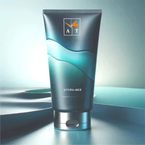 Crème hydratante 'Hydra-Mer', tube élégant aux nuances de bleu, enrichie en minéraux marins pour une hydratation intense et une peau revitalisée.