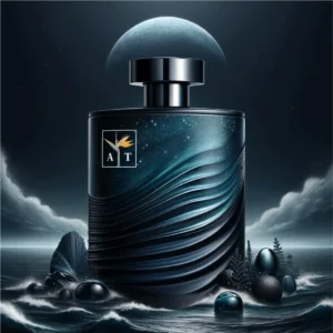 Parfum pour homme 'Océan de Minuit', flacon élégant avec essences marines et boisées pour une fragrance mystérieuse et raffinée.